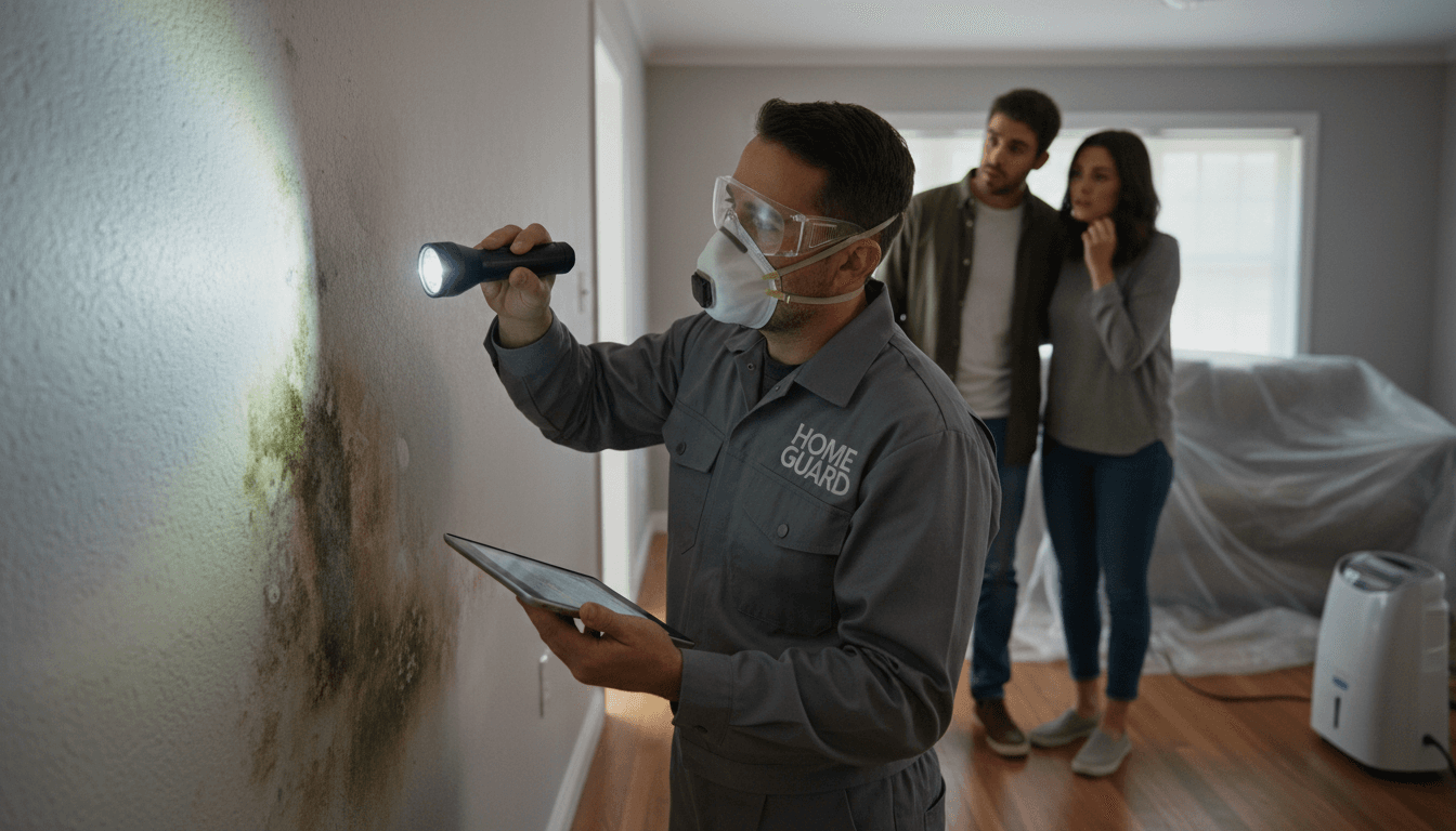 Mould inspector examining a wall for mould